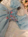 Blue A-Line Chiffon Appliques Princess Long Party Dress, HZ0319