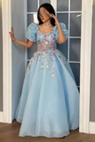 Blue A-Line Chiffon Appliques Princess Long Party Dress, HZ0319