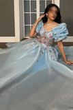 Blue A-Line Chiffon Appliques Princess Long Party Dress, HZ0319