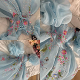 Blue A-Line Chiffon Appliques Princess Long Party Dress, HZ0319