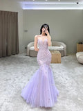 Lilac Straps Mermaid Tulle Long Party Dress Evening Gown, HZ0319