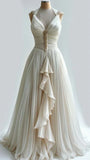 Elegant Straps V Neck A-Line Beading Retro Wedding Dress, HZ0319