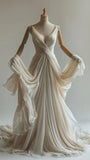 Elegant Ivory Straps V Neck A-Line Retro Wedding Dress, HZ0319