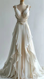 Elegant Ivory Straps V Neck A-Line Beads Sequin Retro Wedding Dress, HZ0319