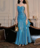 Blue Spaghetti Straps A-Line Chiffon Long Party Dress, HZ0319