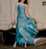 Blue Spaghetti Straps A-Line Chiffon Long Party Dress, HZ0319