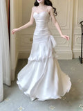 White Spaghetti Straps A-Line Chiffon Long Party Dress, HZ0319