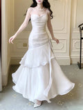 White Spaghetti Straps A-Line Chiffon Long Party Dress, HZ0319