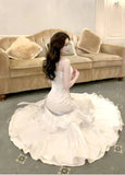 White Spaghetti Straps A-Line Chiffon Long Party Dress, HZ0319