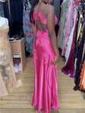 Hot Pink V Neck Backless Sheath Satin Long Prom Dress, HZ0319