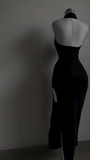 Black Halter Sheath Long Evening Party Dress with Split, HZ0319