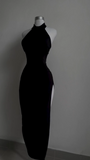 Black Halter Sheath Long Evening Party Dress with Split, HZ0319