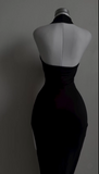 Black Halter Sheath Long Evening Party Dress with Split, HZ0319