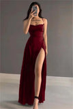 Burgundy A-Line Slit Prom Dress Satin Formal Party Dress, HZ0319