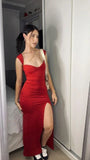 Red Mermaid Slit Prom Dress Satin Formal Party Dress, HZ0319