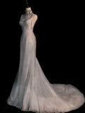 Stunning White Backless Mermaid Shiny Party Gown Wedding Dress, HZ0319