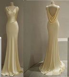 Pastel Yellow Satin Backless Mermaid Long Prom Dress, HZ0319