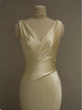 Pastel Yellow Satin Backless Mermaid Long Prom Dress, HZ0319