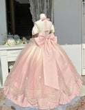 Pink Off Shoulder Halter A-Line Sweet 16 Ball Gown Quinceanera Dress, HZ0319