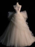 Elegant Straps A-Line Tulle Birthday Ball Gown Wedding Dress with Bowknot, HZ0319