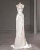 One Shoulder Backless Mermaid Satin Elegant Wedding Dress, HZ0319