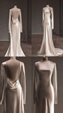 Ivory Long Sleeves Backless Sheath Satin Elegant Wedding Dress, HZ0319