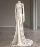 Ivory Long Sleeves Backless Sheath Satin Elegant Wedding Dress, HZ0319