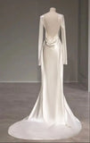 Ivory Long Sleeves Backless Sheath Satin Elegant Wedding Dress, HZ0319
