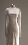 Ivory Long Sleeves Backless Sheath Satin Elegant Wedding Dress, HZ0319