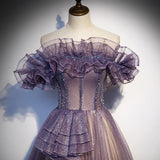 Purple Gradient Tulle Prom Dress Sparkly Off Shoulder Evening Dress HZ0319