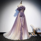 Purple Gradient Tulle Prom Dress Sparkly Off Shoulder Evening Dress HZ0319