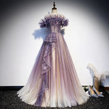 Purple Gradient Tulle Prom Dress Sparkly Off Shoulder Evening Dress HZ0319
