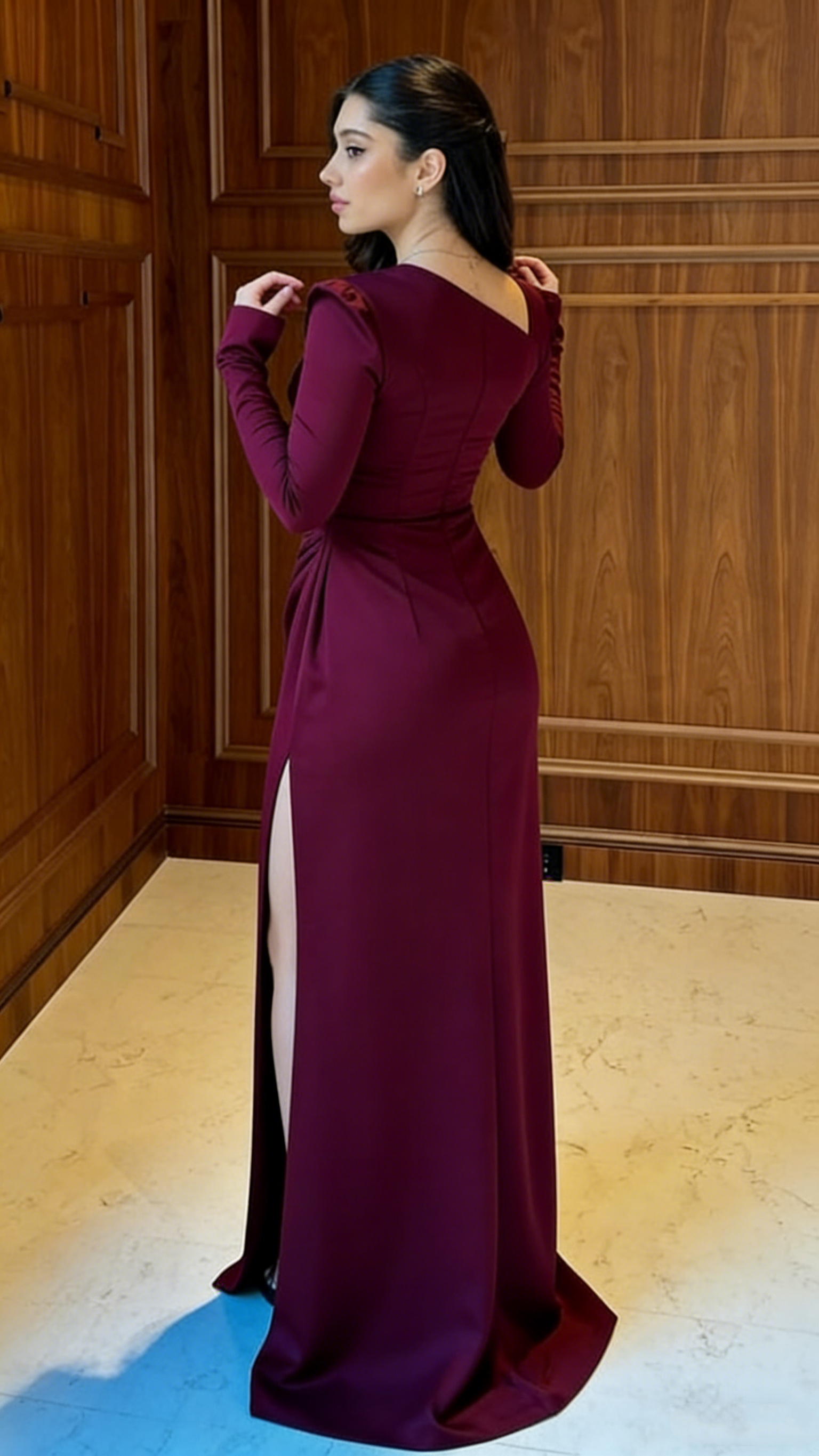 Modest Dark Purple Long Sleeves Long Party Dress Evening Gown HZ0319