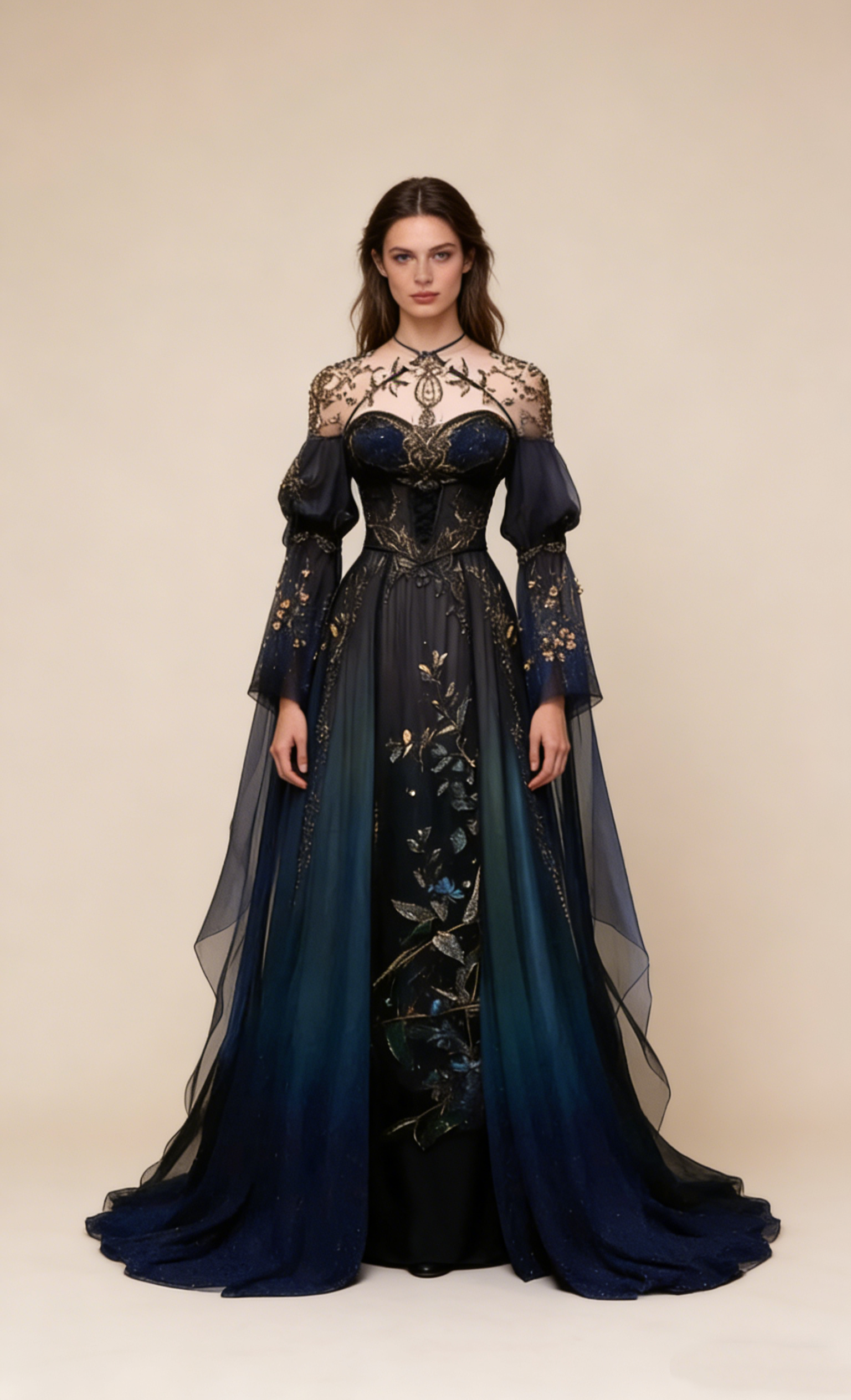 Navy Blue Long Sleeves Appliques A-Line Modest Long Formal Prom Gown, HZ0319