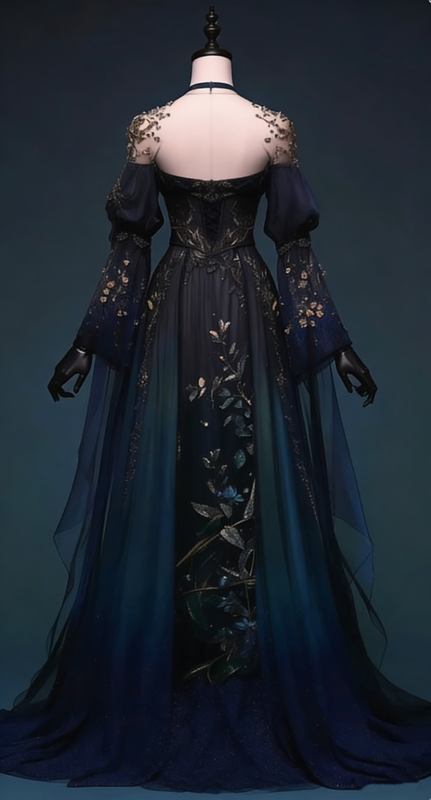 Navy Blue Long Sleeves Appliques A-Line Modest Long Formal Prom Gown, HZ0319