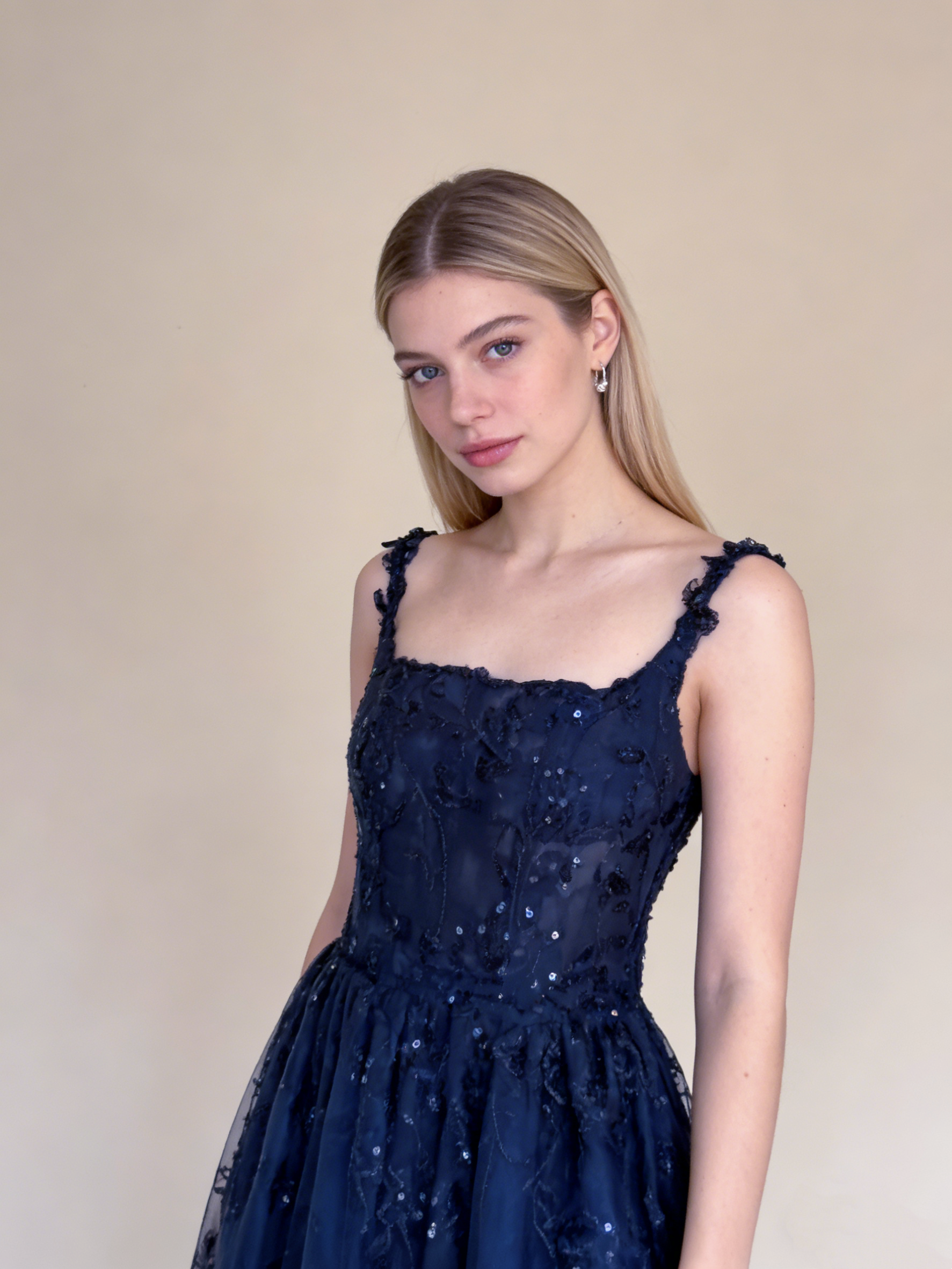 Navy Blue Straps A-Line Lace Long Prom Dress Evening Gown HZ0319