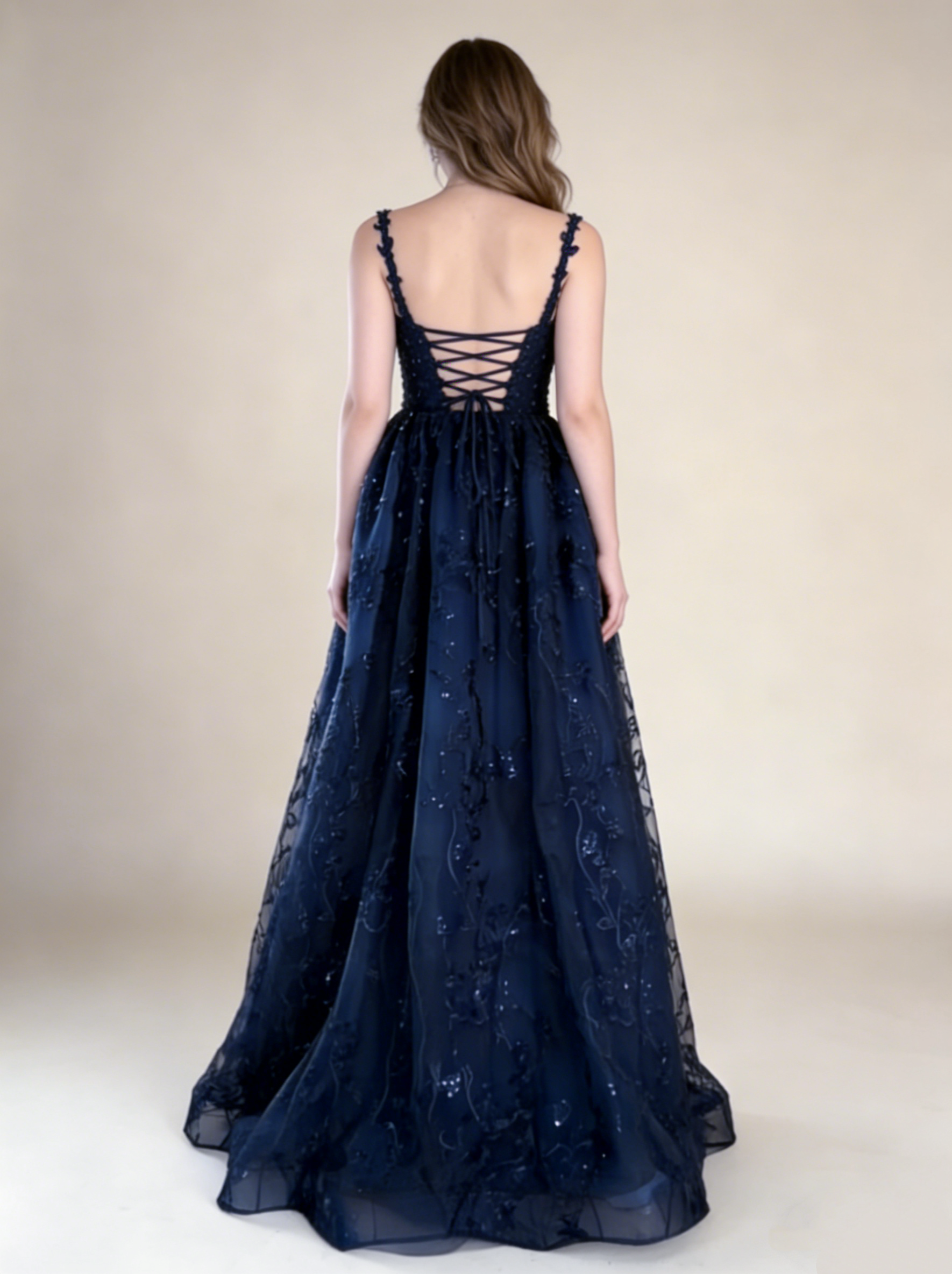 Navy Blue Straps A-Line Lace Long Prom Dress Evening Gown HZ0319