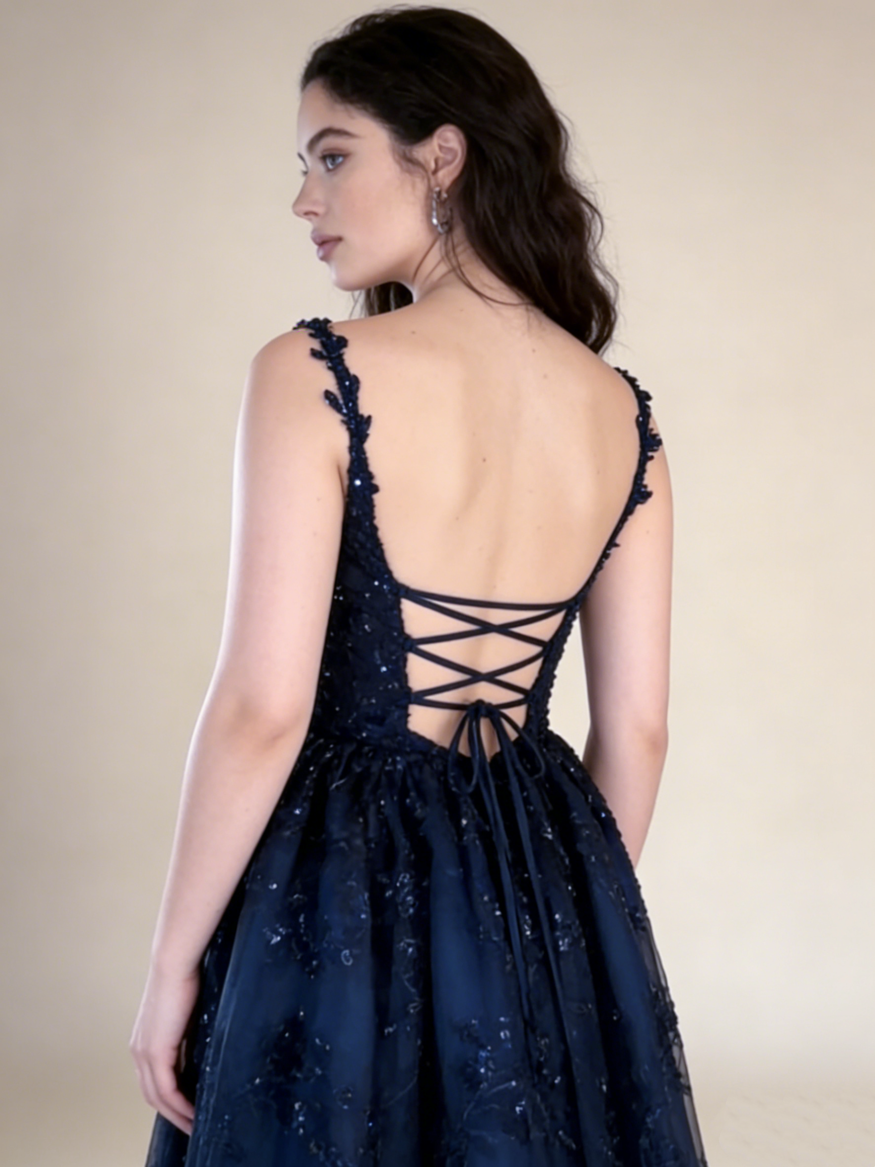 Navy Blue Straps A-Line Lace Long Prom Dress Evening Gown HZ0319