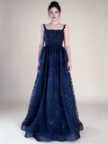 Navy Blue Straps A-Line Lace Long Prom Dress Evening Gown HZ0319