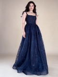 Navy Blue Straps A-Line Lace Long Prom Dress Evening Gown HZ0319