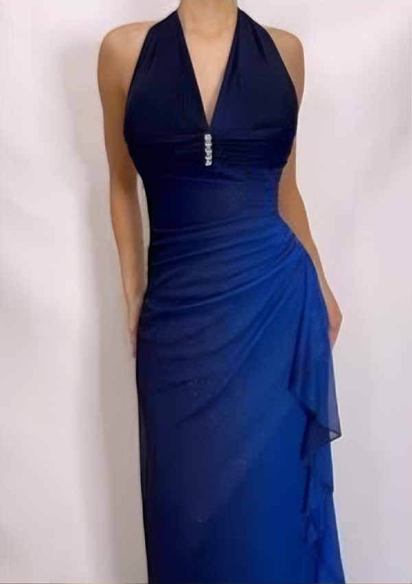 Navy Blue V Neck Ombre Sheath Chiffon Vintage Long Evening Party Dress, HZ0319