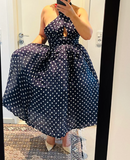 Navy Halter A-Line Backless Polka Dots Long Party Dress, HZ0319