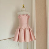 Retro Pink 3D Flowers Design A-line Strapless Satin Mini Party Dress Homecoming Dress HZ0319