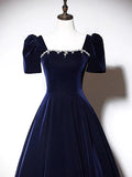 A-Line Dark Blue Velvet Long Prom Dress, Blue Formal Evening Dress HZ0319