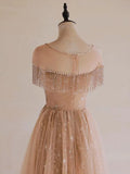 A-Line Lace Champagne Long Prom Dress, Champagne Lace Long Formal Dress HZ0319