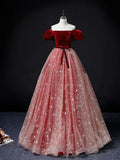 Burgundy/Pink Tulle Velvet Long Prom Dress, Burgundy Formal Dress HZ0319