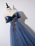 A-Line Off Shoulder Tulle Gray Blue Long Prom Dress, Blue Formal Dress HZ0319