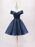 Retro Navy Blue Off-the-shoulder Design A-line Satin Party Dress Homecoming Dress HZ0319