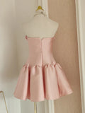 Retro Pink 3D Flowers Design A-line Strapless Satin Mini Party Dress Homecoming Dress HZ0319