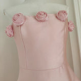 Retro Pink 3D Flowers Design A-line Strapless Satin Mini Party Dress Homecoming Dress HZ0319